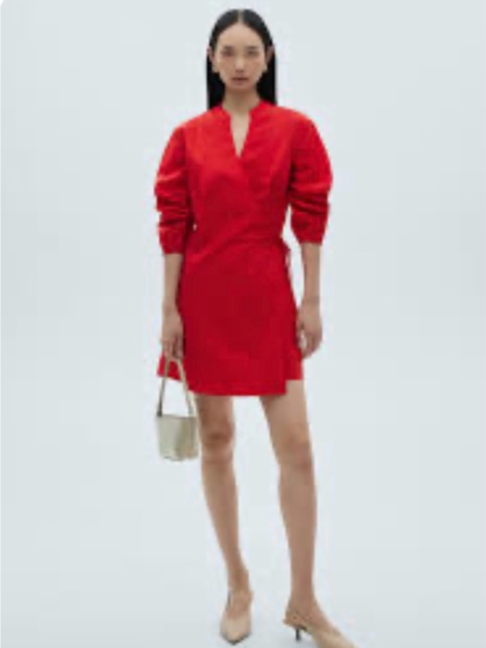 Mango Red V-Neck Puff Sleeve Mini Dress